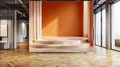 Warm and inviting 3D studio environment featuring an elegant product podium minimalist room design dramatic lighting induced shadows muted orange backdrop tones and a crisp Bauhaus inspired visual Wall mural