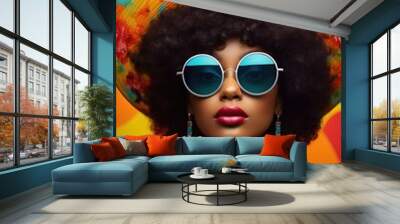 Funny Black Female Model wearing a Colorful Tropical Tourist Outfit. Simple Hat with Sunglasses and a Colorful Shirt over a Simple Background.

 Wall mural