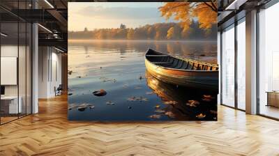 Tiny Wooden Boat in the Middle of the River during the Sunset. Autumnal Season. Wall mural