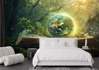 Earth Globe Emerging from an Open Book in a Forest Wall mural