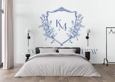 Wedding logo crests vector design royal style blue color illustration monogram crest design with KM initial surrounded by baroque style intricate motifs Wall mural