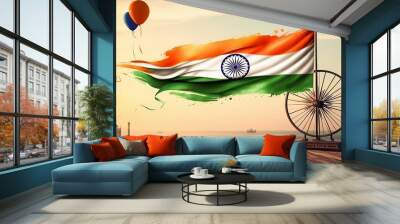 Indian flag surrounded by colorful balloons and a traditional wheel, symbolizing national pride and celebration Wall mural