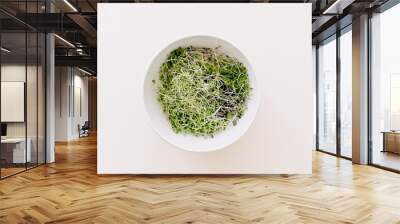 Bowl with organic green sprouts on white table. Wall mural