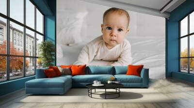 Five months old baby lying on stomach, making serious face expression. Wall mural