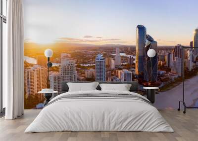 Aerial sunset view of Gold Coast skyline and beach Wall mural