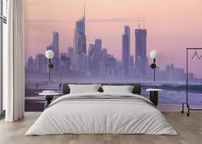 Gold Coast cityscape with people on Miami beach at sunset Wall mural