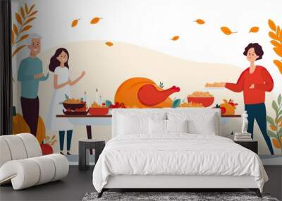 A family is gathered around a table with a large turkey for thanksgiving dinner Wall mural