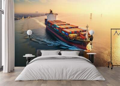 Aerial view container cargo ship. Business concept. Generative AI Wall mural