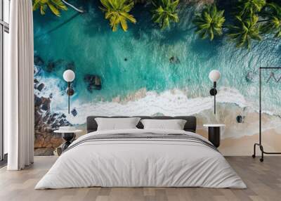 Beach Sand Sea Shore with Blue wave and white foamy summer background,Aerial beach top view overhead seaside. Wall mural