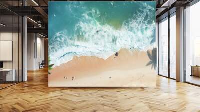 Beach Sand Sea Shore with Blue wave and white foamy summer background,Aerial beach top view overhead seaside. Wall mural