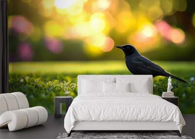 Green lawn and bird background with copyspace. Nature background concept. Generative AI Wall mural