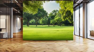 Green lawn and trees background with copyspace. Nature background concept. Generative AI Wall mural