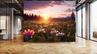 Sunset background of meadows,flowers. Nature background. Flower background. Generative AI Wall mural