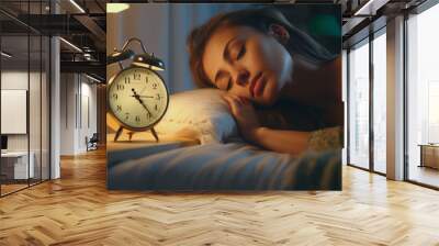 young woman turning off alarm clock in morning. Generative AI Wall mural