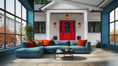 A front door detail of a white modern farmhouse with a red front door, black light fixtures, and a covered porch with white pillars.
 Wall mural