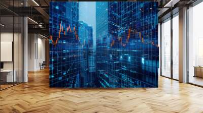 Abstract image of buildings overlaid with financial data graphs, symbolizing real estate market analysis on a blue background
 Wall mural