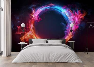 Abstract neon energy sphere of particles and waves of magical glowing on a dark background, circle and loop frames with magic purple and pink flame and sparks Wall mural