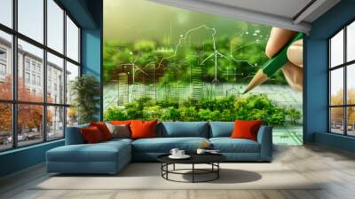 Businessman planning on environmental protection initiative for clean and sustainable future ecology, ESG environmental social governance display on paper chart on eco-friendly company Wall mural