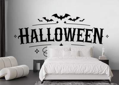 Halloween horizontal banner with vector logo. The inscription with ominous tree branches, bats and a pretty witch on a background of the full moon.
 Wall mural