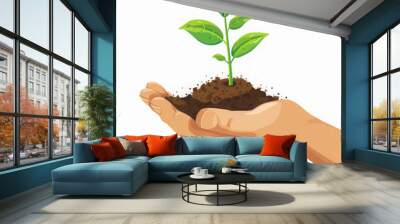 hand holding a handful of soil with young plant tree
 Wall mural