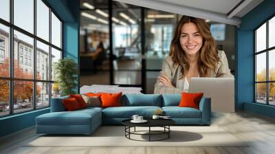 Happy busy mature business woman entrepreneur in office using laptop at work, smiling professional middle aged female company executive manager working looking at computer at workplace Wall mural