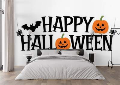 happy halloween lettering calligraphy logo with pumpkin, bat and spider web
 Wall mural