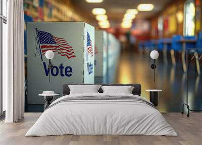 Line of voting privacy booths at an empty polling station, USA Election Day, copyspace
 Wall mural