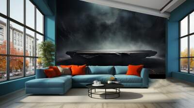 Podium black dark smoke background product platform abstract stage texture fog spotlight. Dark black floor podium dramatic empty night room table concrete wall scene place display studio smoky dust Wall mural