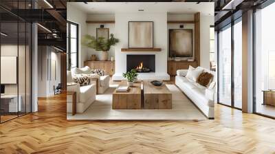 Two chairs and sofa near fireplace. French country interior design of modern living room.
 Wall mural