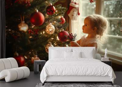 Young girl beside christmas tree
 Wall mural