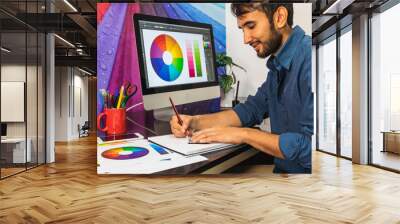 Side view. Smiling Young bearded businessman sitting in office Wall mural