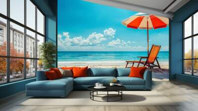 A beach chair reclined under a parasol at a beautiful tropical beach Wall mural