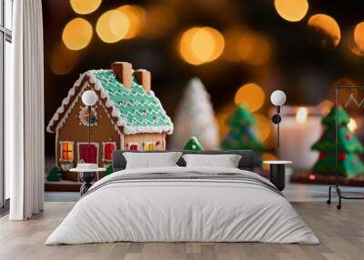 Christmas gingerbread houses and village close up shot of decorated gingerbread cookies  Wall mural