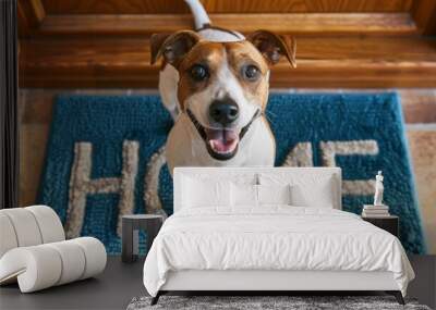 Happy Dogs Standing on 'Home' Door Mat with Large Lettering Wall mural