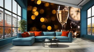 New years eve champagne with bokeh light and clock  Wall mural