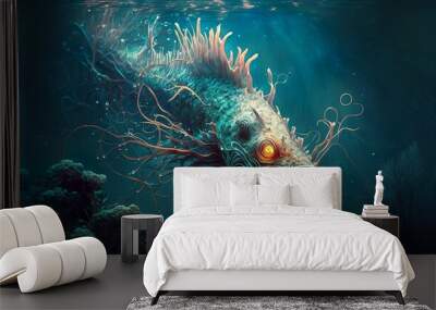 deep underwater creature, monster dark teeth, mouth aquatic Wall mural