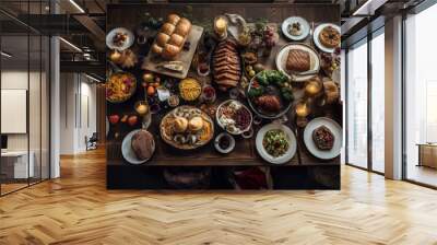 full course dinner feast on the table, celebration desing illustration Wall mural