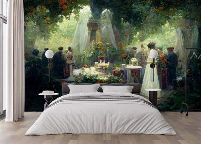 wedding with lot of people outside design illustration Wall mural