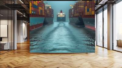 Cargo ship, Ocean and container for trade, transport, and economics. Freight, long journey and export for global delivery. Goods, services and stock for distribution to international market. Wall mural