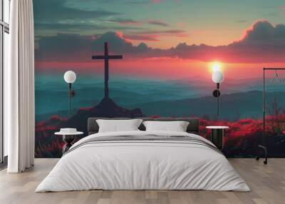 Christian cross, sky and religious symbol on hill or landscape for praying, ritual and spiritual worship. Backgrounds, believe and crucifix in nature for religion, sacrifice and christianity or faith Wall mural