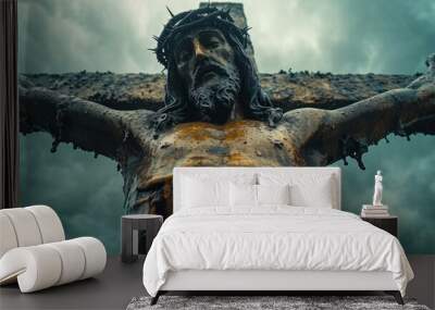 Jesus, christ and cross with person for religion, faith and spiritual god for passage, believe and sacrifice. Ai generated, man and light flare for Catholic, Christian and biblical concept Wall mural