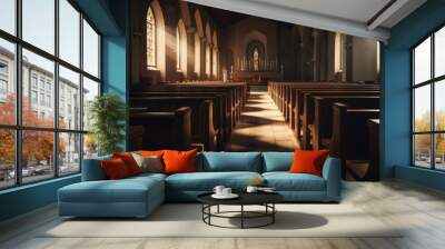 Abstract christianity concept background with space for copy in a humble chapel interior. Generative ai illustration. Wall mural