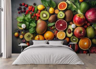 Fresh Fruits and Vegetables Flat Lay: Energizing Wellness Background Featuring Colorful, Nutrient-Rich Foods, Ample Copy Space in a 3:2 Aspect Ratio. Generative ai illustration Wall mural