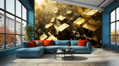 Golden blockchain cubes floating in glittering background Wall mural