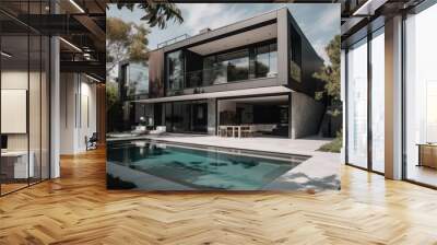 Wide Angle View of Modern Three-Story Beverly Hills Villa with Pool, Garden, and Gray Color Tone. Generative AI Illustration Wall mural