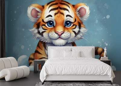 a baby tiger resting on a fluffy cloud with a soft blue watercolor background. The tiger should have large blue eyes Wall mural