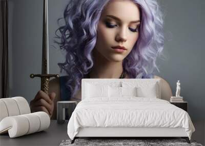 A photograph of a young woman with flowing lavender hair, her eyes closed. She wears a stylish yet relaxed outfit, with a sword strapped to her back and two glass flasks of blue liquid fastened to her Wall mural