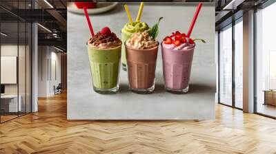 An image of assorted milkshakes displayed in a row on a white tray: a vibrant pink dragon fruit milkshake with ice cream on top, a green avocado milkshake, a yellow banana shake with cocoa powder, a b Wall mural