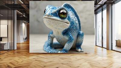 Playful Porcelain Breach: A photorealistic image captures a whimsical scene. A 3D cartoon baby chameleon, with bright blue eyes sparkling with curiosity, breaches the smooth surface of a pristine whit Wall mural