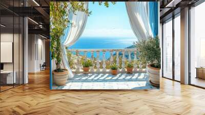 A balcony overlooking the ocean with blue curtains and white curtains. There are potted plants on the balcony, and a view of the water Wall mural